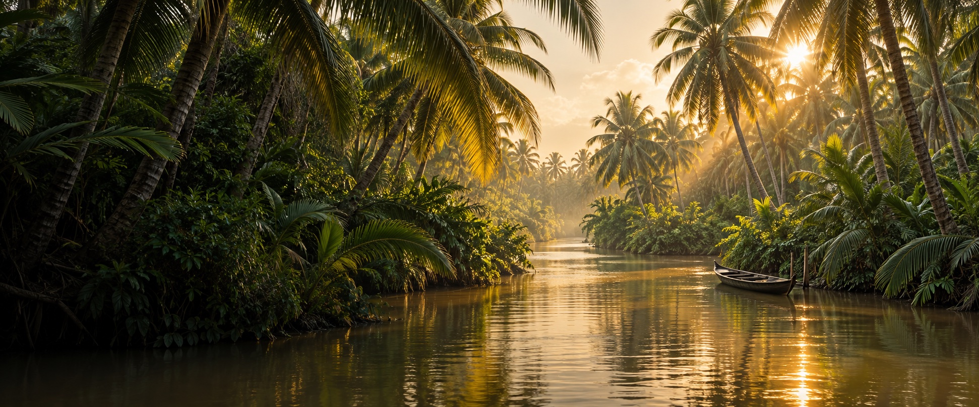 Paisagem ilustrativa inspirada nos coqueirais de Ben Tre, com canais do delta do Mekong e luz do fim de tarde entre as palmeiras
